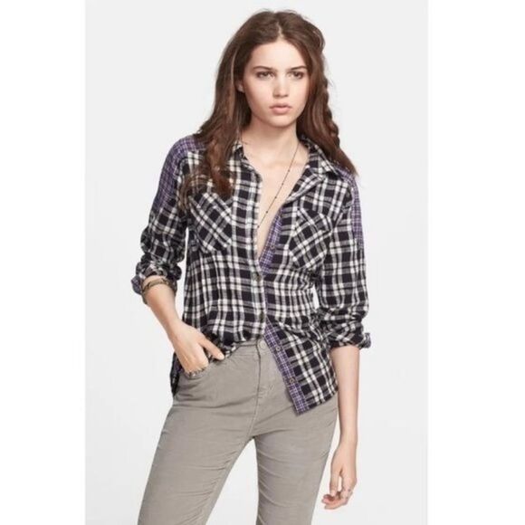 FREE PEOPLE | Catch Up With Me Plaid Shirt in Black Combo Size Small - Picture 2 of 12